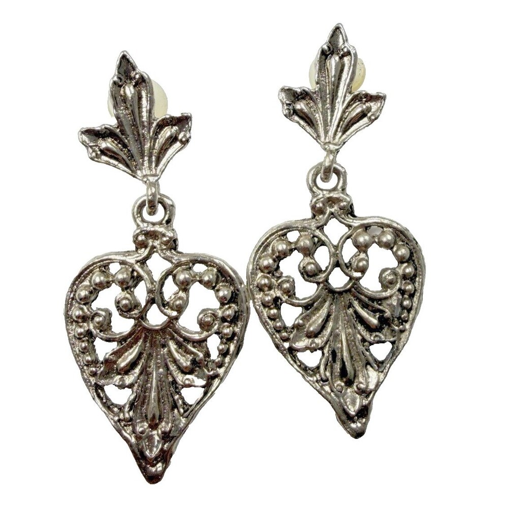 Vintage 1960 Silver Tone Heart Earrings Filigree Victorian Revival Dangle
